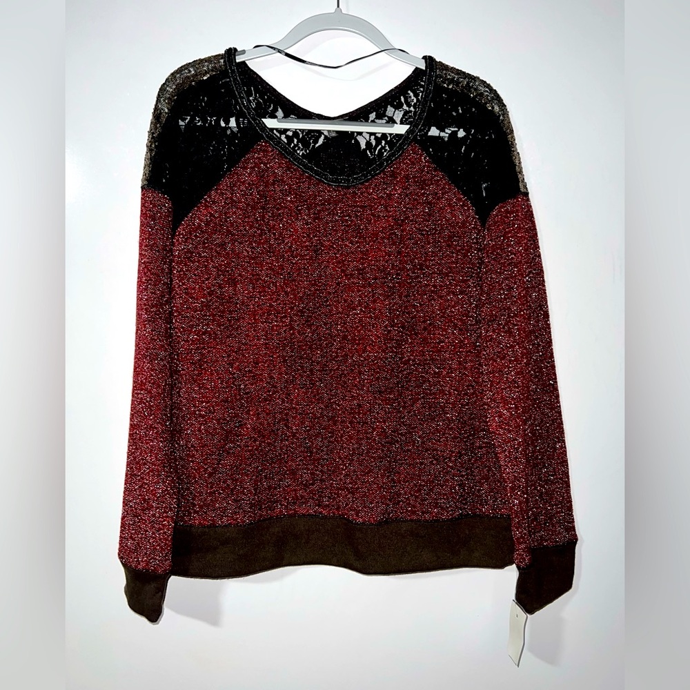 Miss Me Women’s Long Sleeve Lace Sequin Sweater, Red/Black/Brown, Size L, NWT